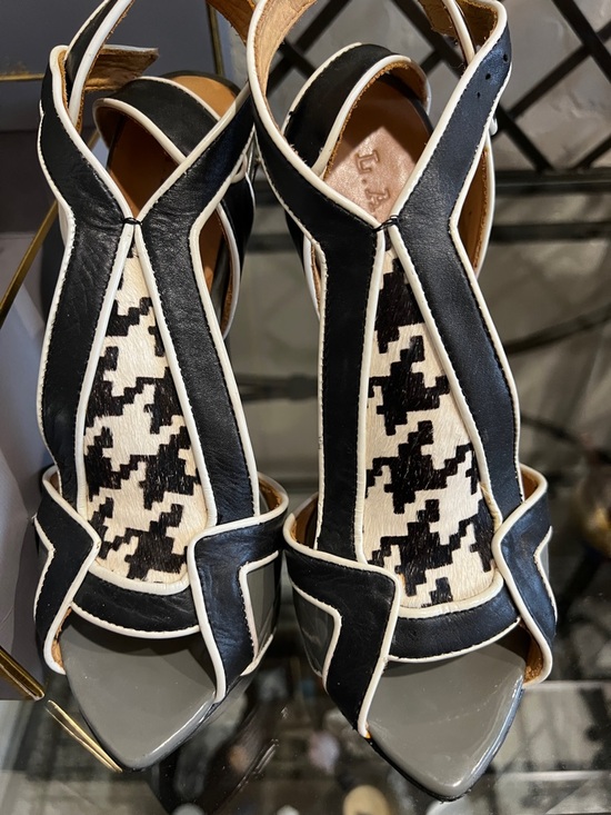 L.A.M.B. Shoes - L.A.M.B. Black, White & Gray Houndstooth Platform Heels with Ankle Strap